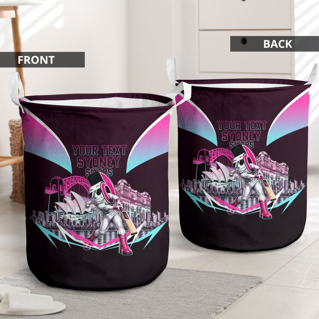 Personalised Sydney Sixers Cricket Mascot Skyline Laundry Basket Retro Neon Graphic Fan Art