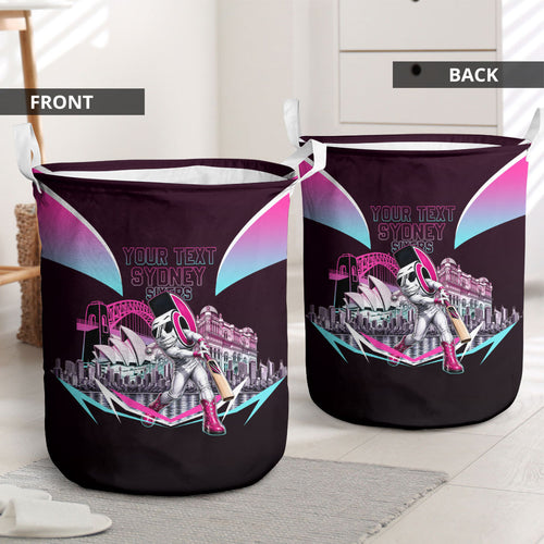 Personalised Sydney Sixers Cricket Mascot Skyline Laundry Basket Retro Neon Graphic Fan Art