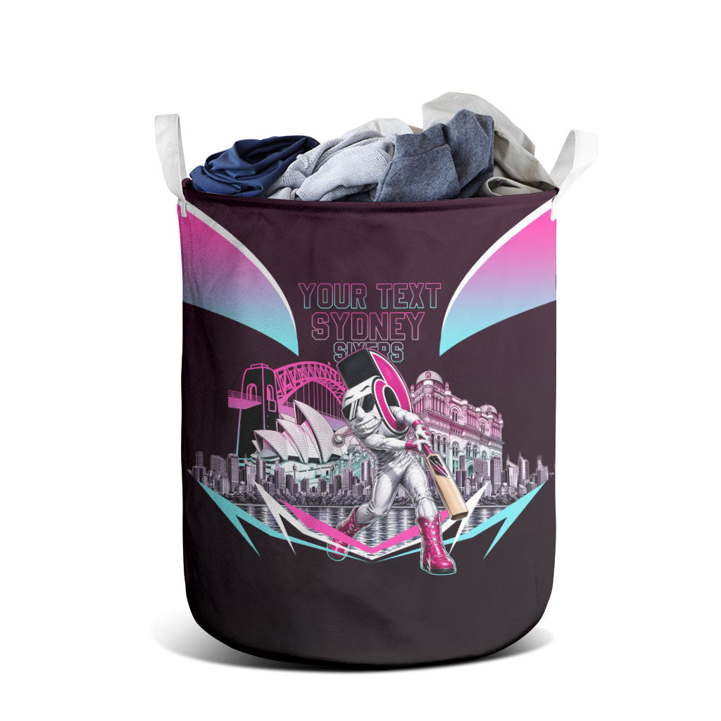 Personalised Sydney Sixers Cricket Mascot Skyline Laundry Basket Retro Neon Graphic Fan Art