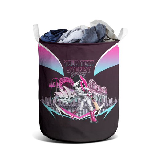 Personalised Sydney Sixers Cricket Mascot Skyline Laundry Basket Retro Neon Graphic Fan Art