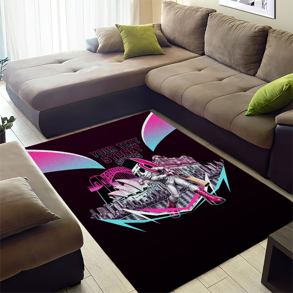 Personalised Sydney Sixers Cricket Mascot Skyline Area Rug Retro Neon Graphic Fan Art