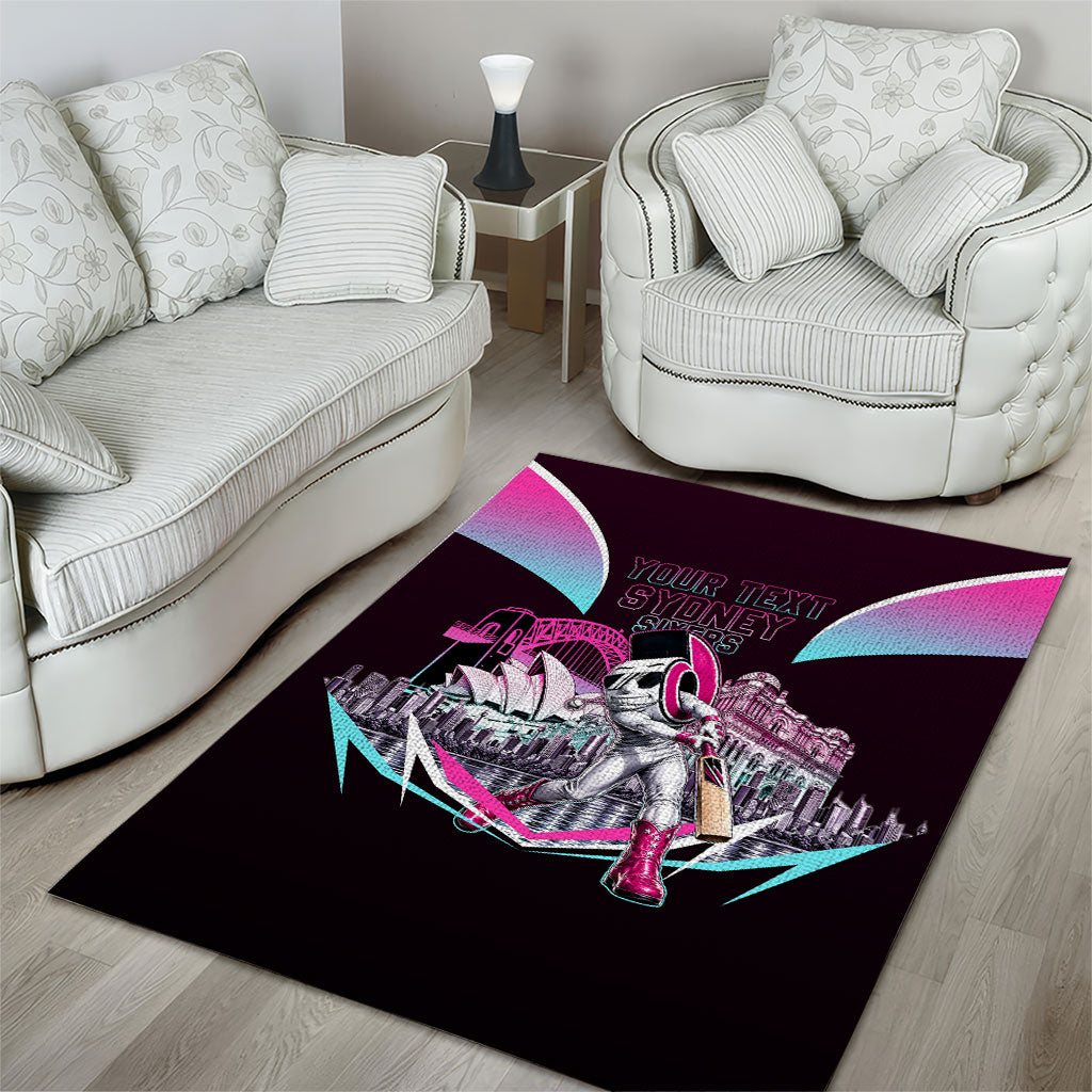 Personalised Sydney Sixers Cricket Mascot Skyline Area Rug Retro Neon Graphic Fan Art