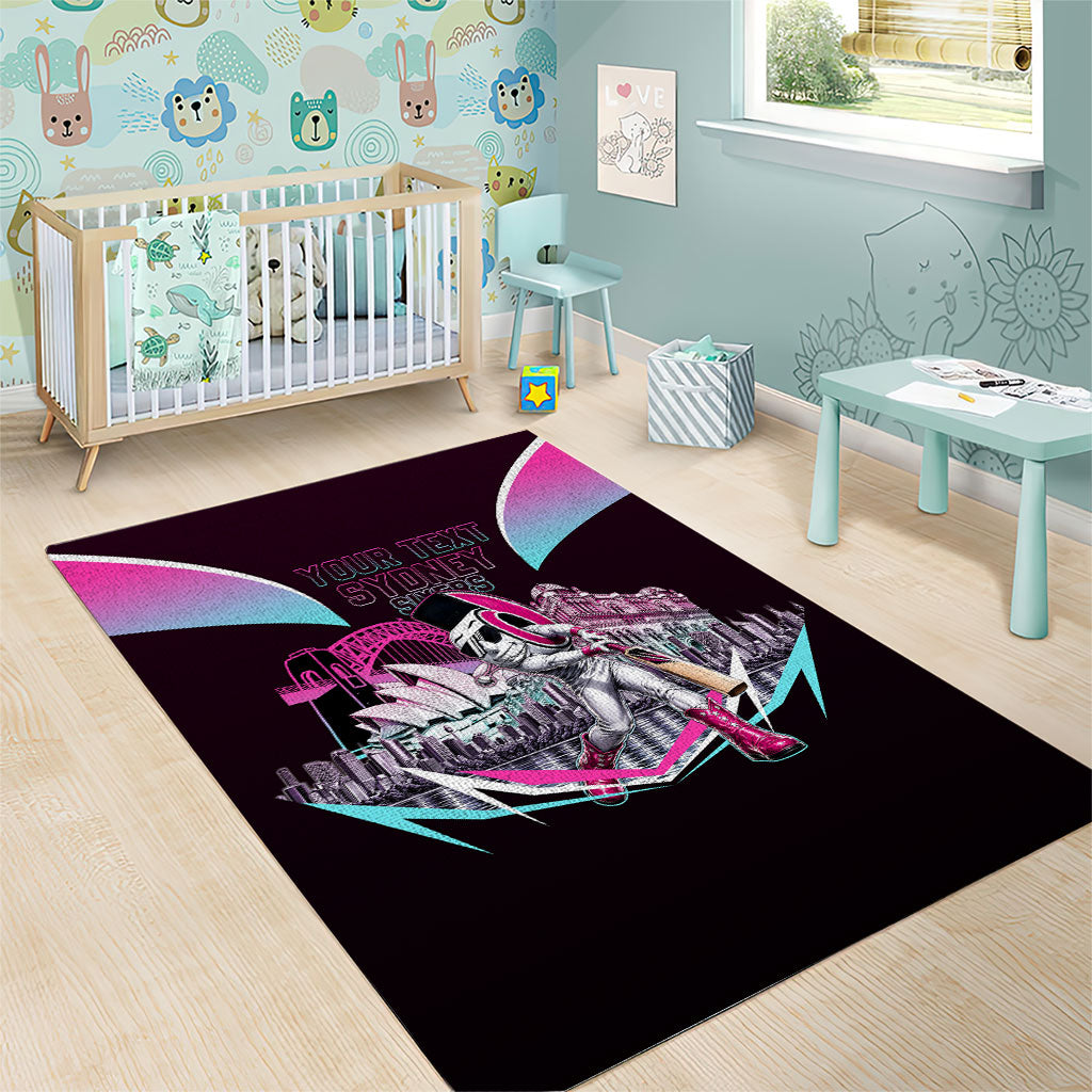 Personalised Sydney Sixers Cricket Mascot Skyline Area Rug Retro Neon Graphic Fan Art