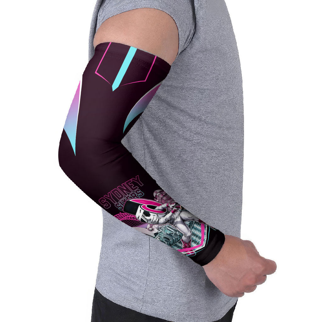 Personalised Sydney Sixers Cricket Mascot Skyline Arm Sleeves Retro Neon Graphic Fan Art