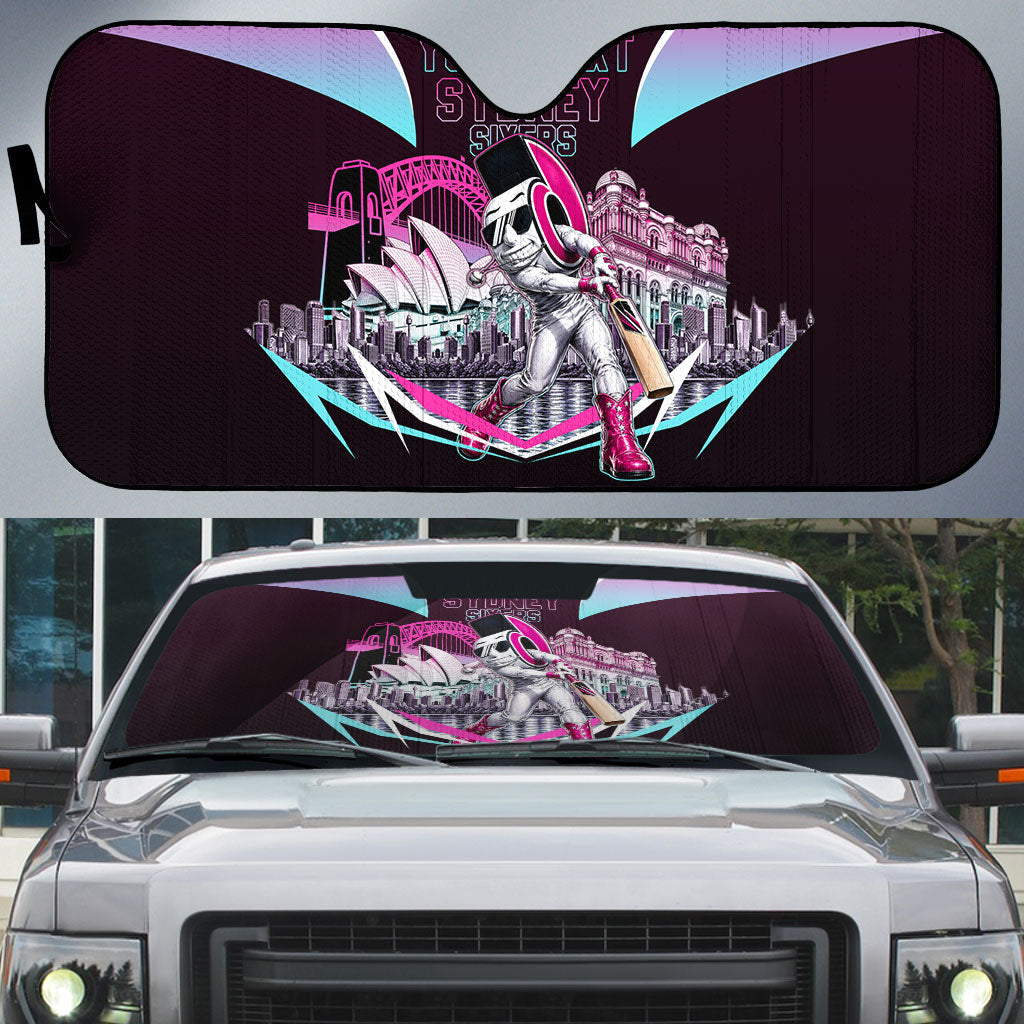 Personalised Sydney Sixers Cricket Mascot Skyline Auto Sun Shade Retro Neon Graphic Fan Art
