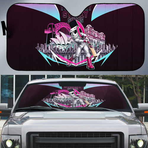 Personalised Sydney Sixers Cricket Mascot Skyline Auto Sun Shade Retro Neon Graphic Fan Art