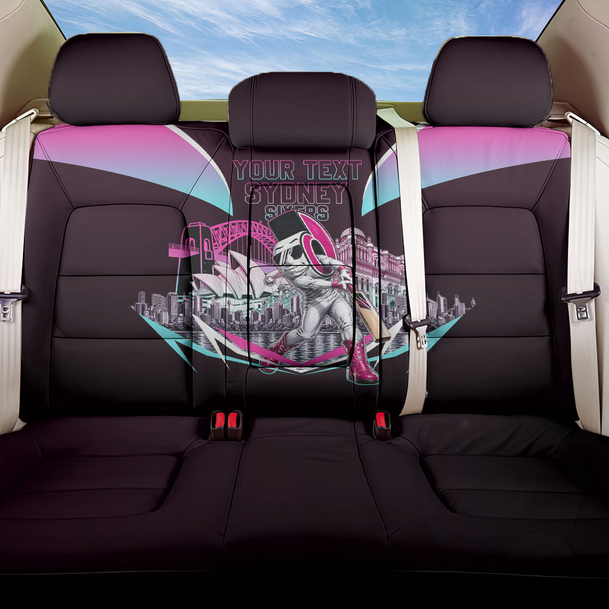 Personalised Sydney Sixers Cricket Mascot Skyline Back Car Seat Cover Retro Neon Graphic Fan Art