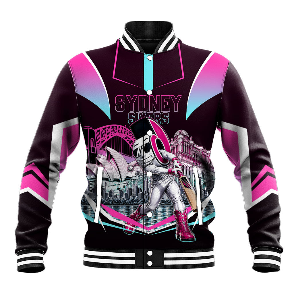 Personalised Sydney Sixers Cricket Mascot Skyline Baseball Jacket Retro Neon Graphic Fan Art