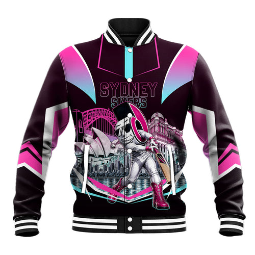 Personalised Sydney Sixers Cricket Mascot Skyline Baseball Jacket Retro Neon Graphic Fan Art