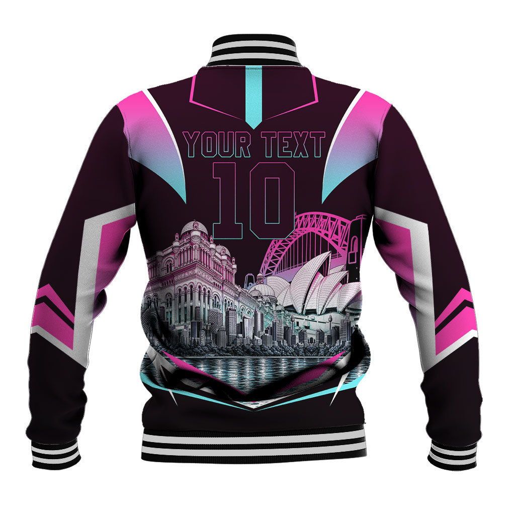 Personalised Sydney Sixers Cricket Mascot Skyline Baseball Jacket Retro Neon Graphic Fan Art
