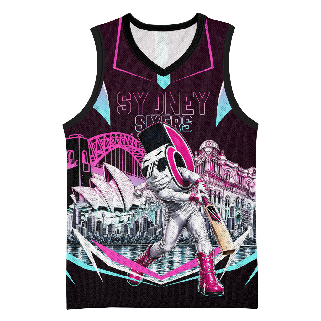 Personalised Sydney Sixers Cricket Mascot Skyline Basketball Jersey Retro Neon Graphic Fan Art