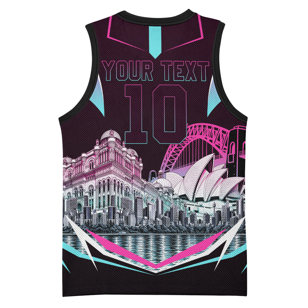 Personalised Sydney Sixers Cricket Mascot Skyline Basketball Jersey Retro Neon Graphic Fan Art