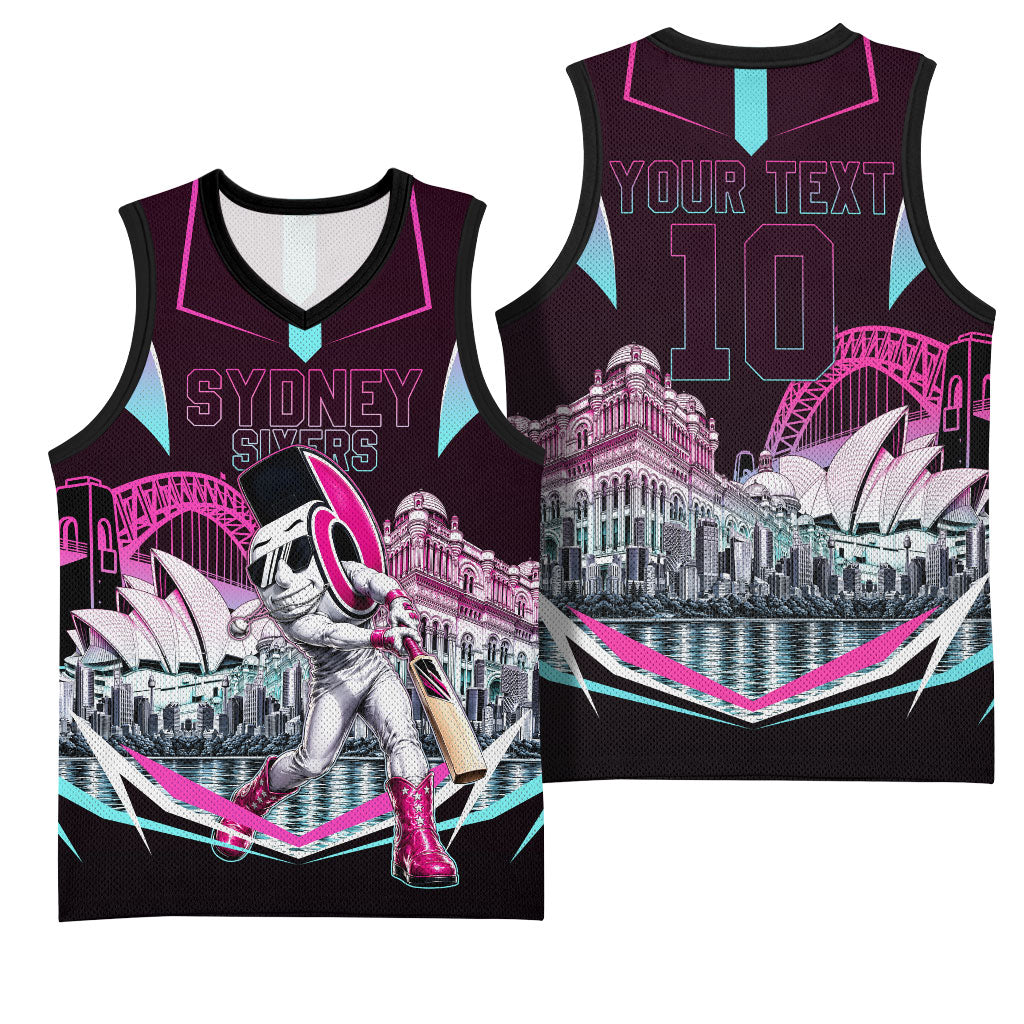Personalised Sydney Sixers Cricket Mascot Skyline Basketball Jersey Retro Neon Graphic Fan Art