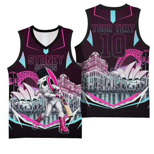 Personalised Sydney Sixers Cricket Mascot Skyline Basketball Jersey Retro Neon Graphic Fan Art