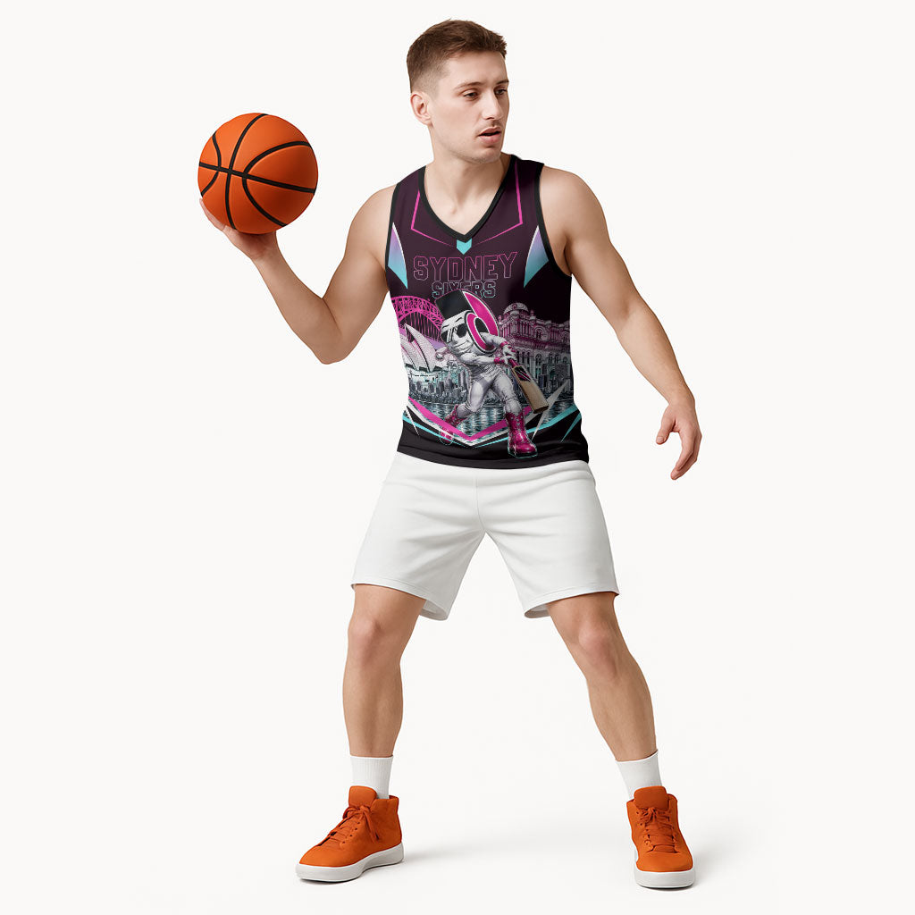 Personalised Sydney Sixers Cricket Mascot Skyline Basketball Jersey Retro Neon Graphic Fan Art