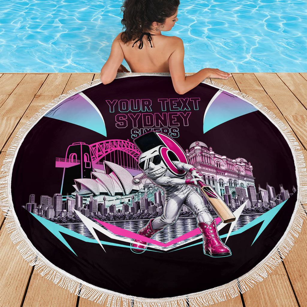 Personalised Sydney Sixers Cricket Mascot Skyline Beach Blanket Retro Neon Graphic Fan Art