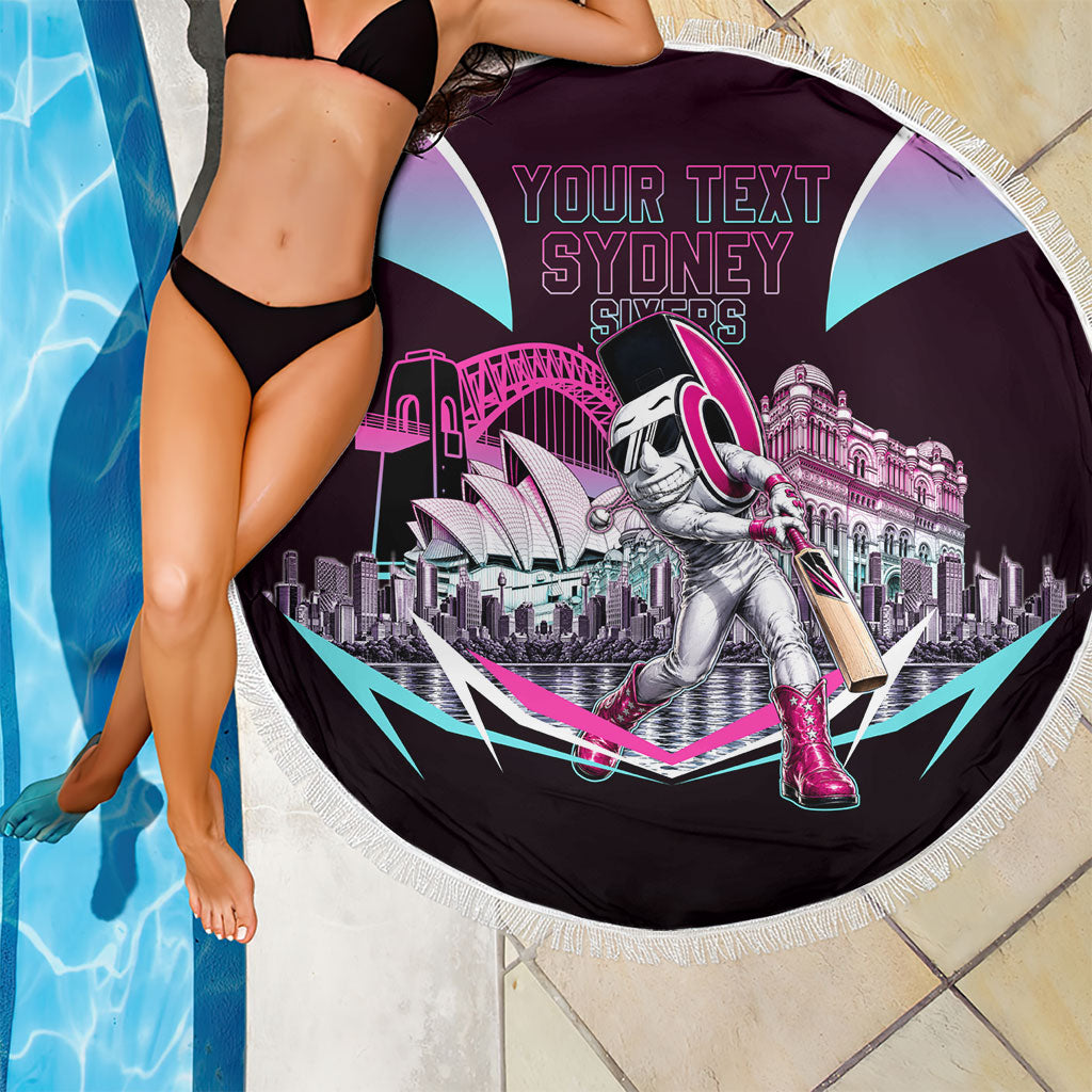 Personalised Sydney Sixers Cricket Mascot Skyline Beach Blanket Retro Neon Graphic Fan Art