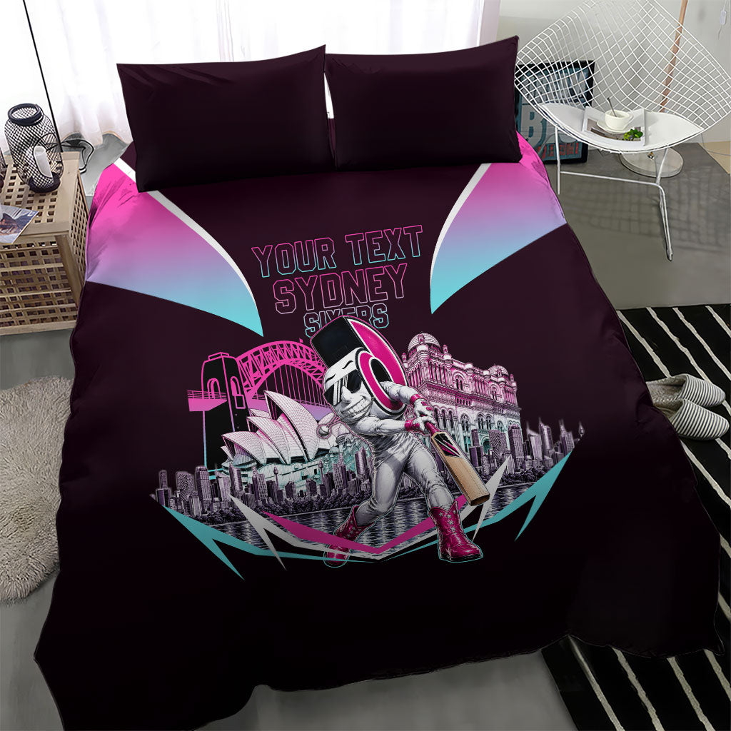 Personalised Sydney Sixers Cricket Mascot Skyline Bedding Set Retro Neon Graphic Fan Art