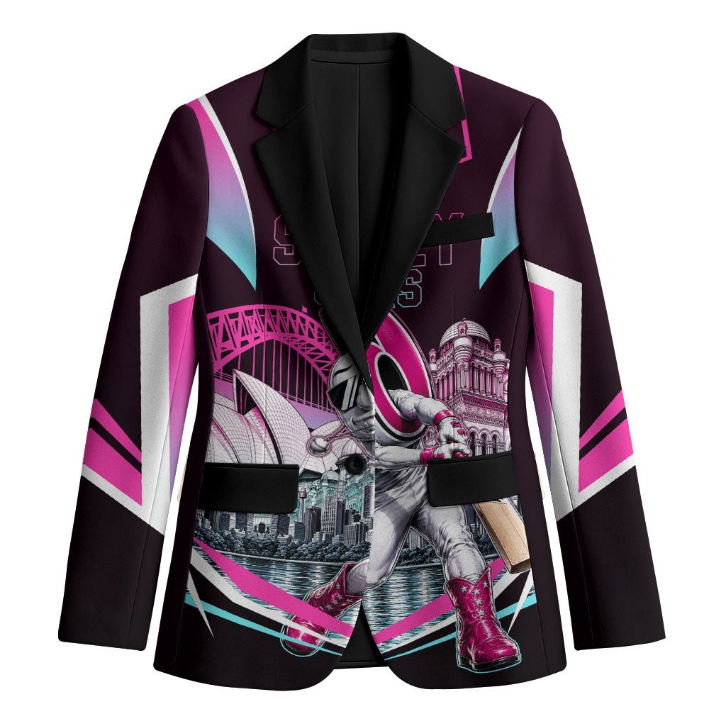 Personalised Sydney Sixers Cricket Mascot Skyline Blazer Retro Neon Graphic Fan Art