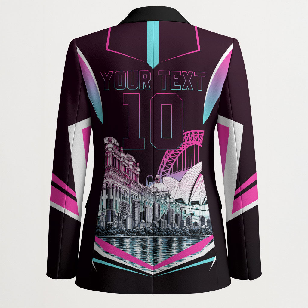 Personalised Sydney Sixers Cricket Mascot Skyline Blazer Retro Neon Graphic Fan Art