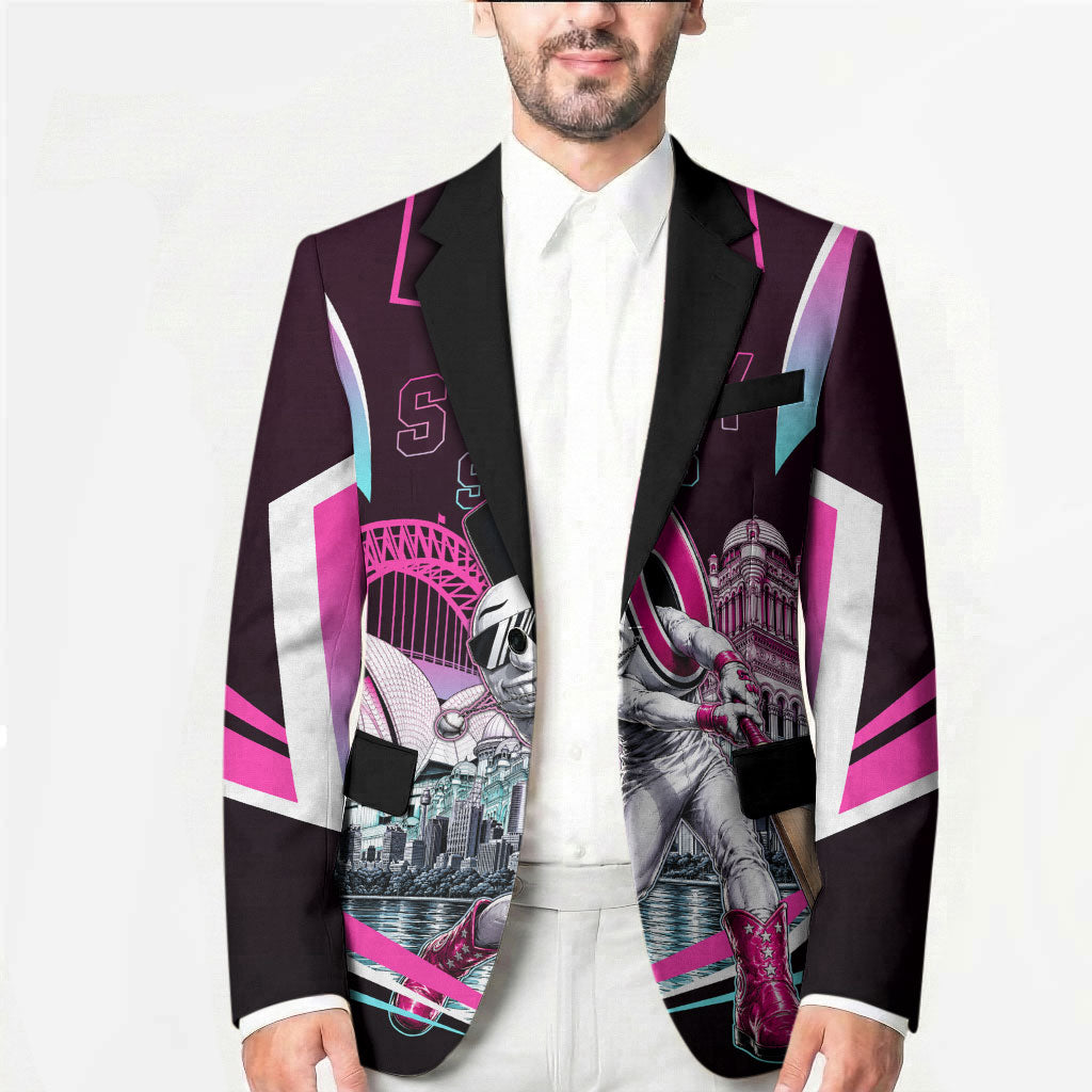 Personalised Sydney Sixers Cricket Mascot Skyline Blazer Retro Neon Graphic Fan Art