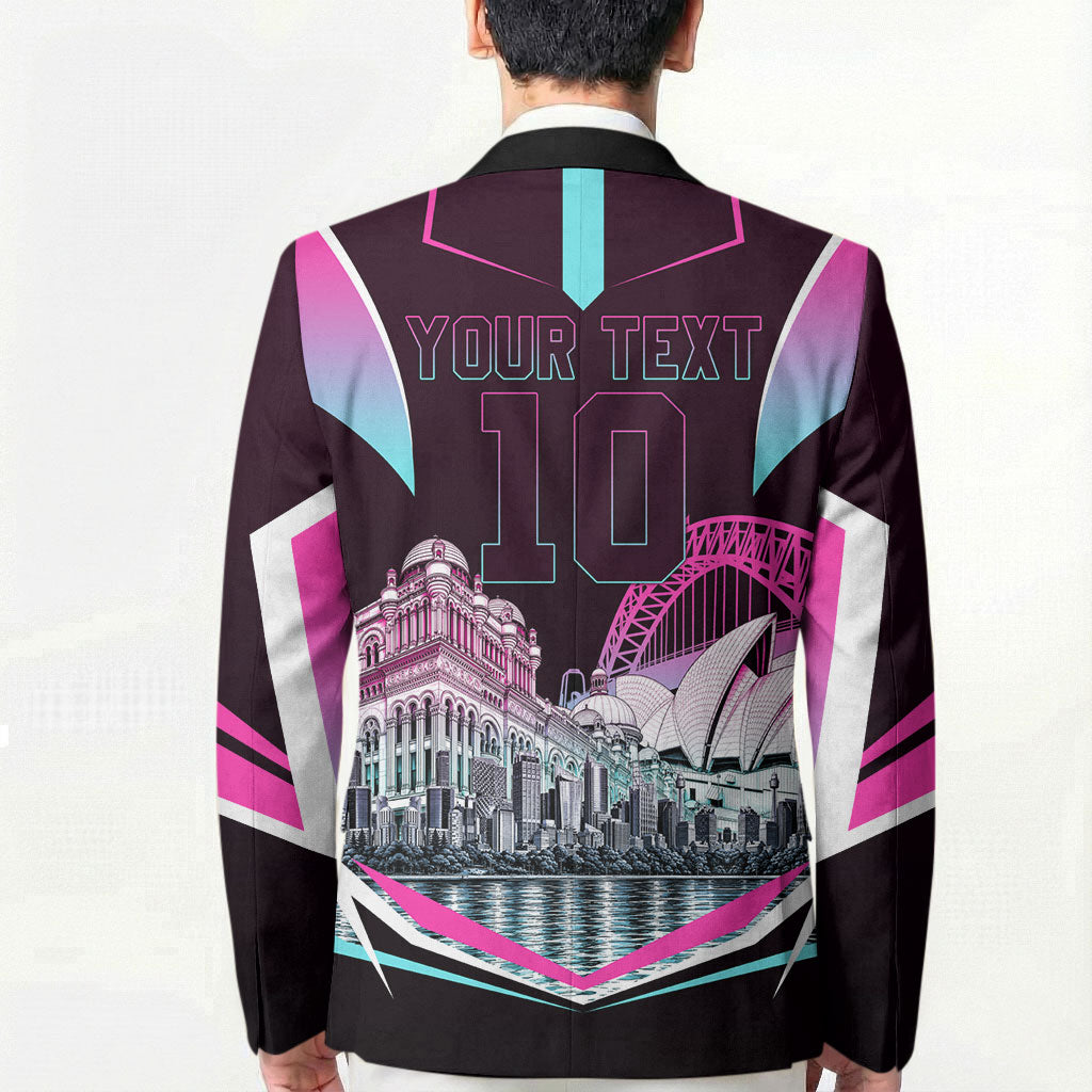 Personalised Sydney Sixers Cricket Mascot Skyline Blazer Retro Neon Graphic Fan Art