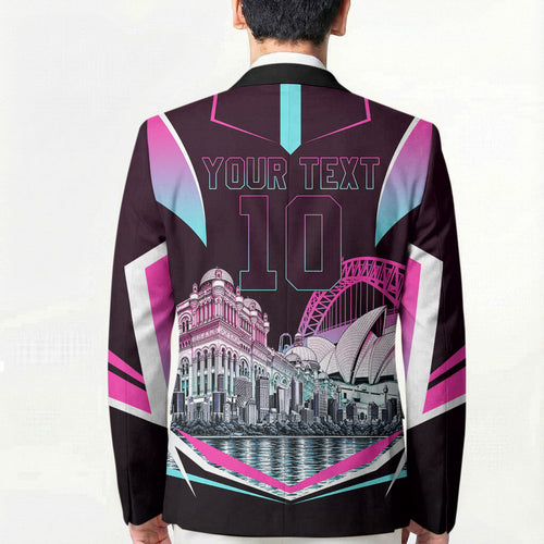 Personalised Sydney Sixers Cricket Mascot Skyline Blazer Retro Neon Graphic Fan Art