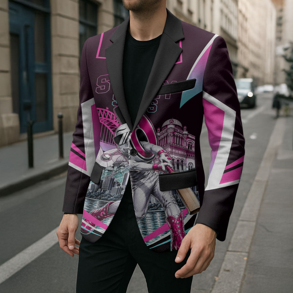 Personalised Sydney Sixers Cricket Mascot Skyline Blazer Retro Neon Graphic Fan Art