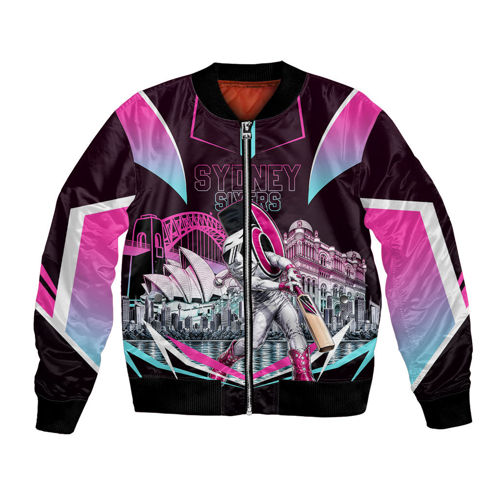 Personalised Sydney Sixers Cricket Mascot Skyline Bomber Jacket Retro Neon Graphic Fan Art