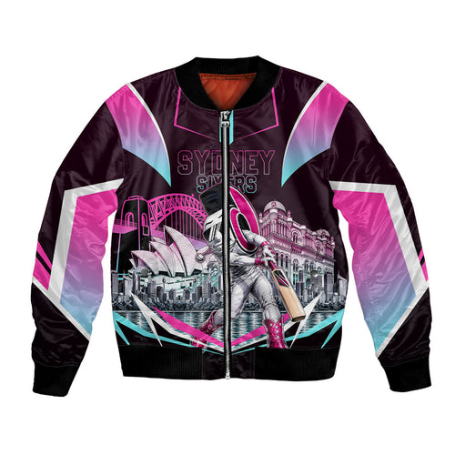 Personalised Sydney Sixers Cricket Mascot Skyline Bomber Jacket Retro Neon Graphic Fan Art