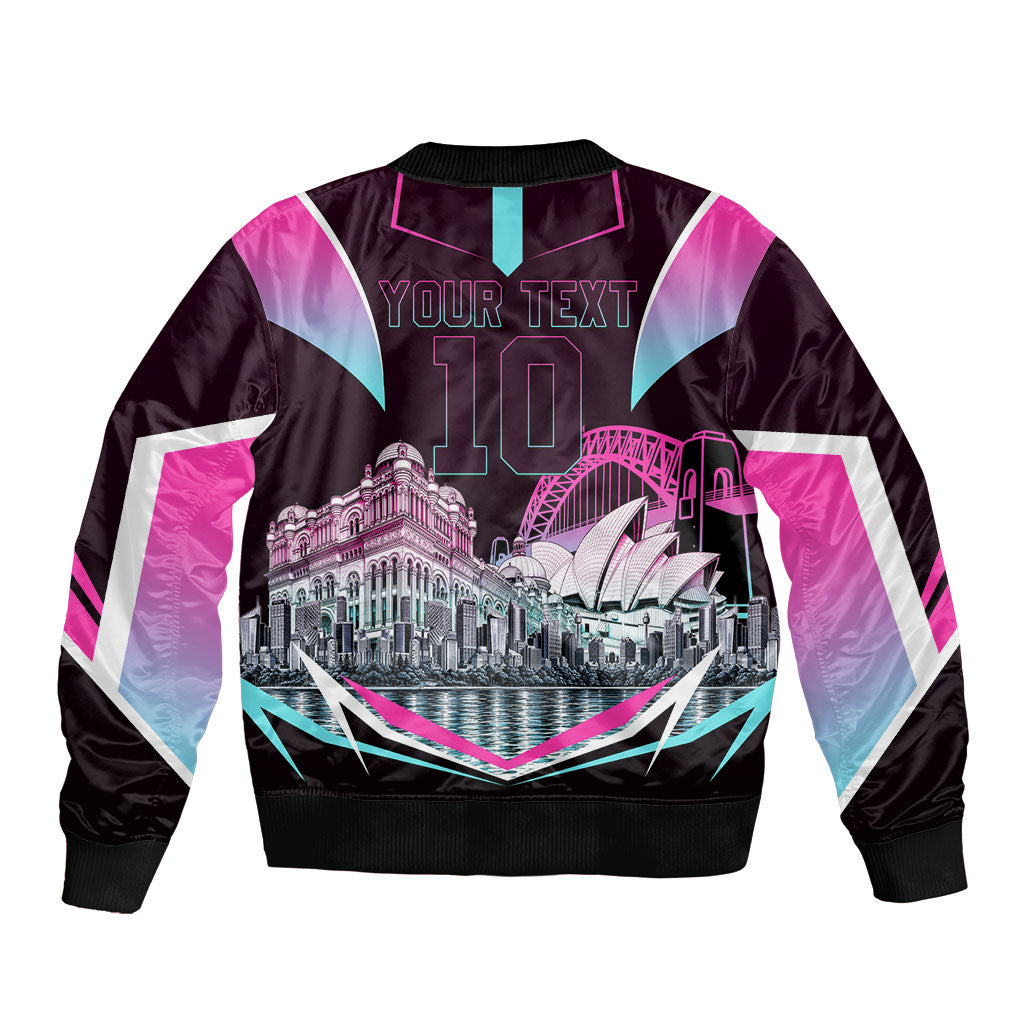 Personalised Sydney Sixers Cricket Mascot Skyline Bomber Jacket Retro Neon Graphic Fan Art
