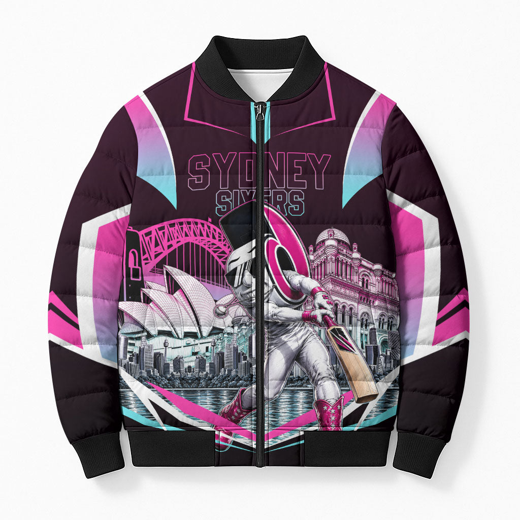 Personalised Sydney Sixers Cricket Mascot Skyline Bomber Puffer Jacket Retro Neon Graphic Fan Art