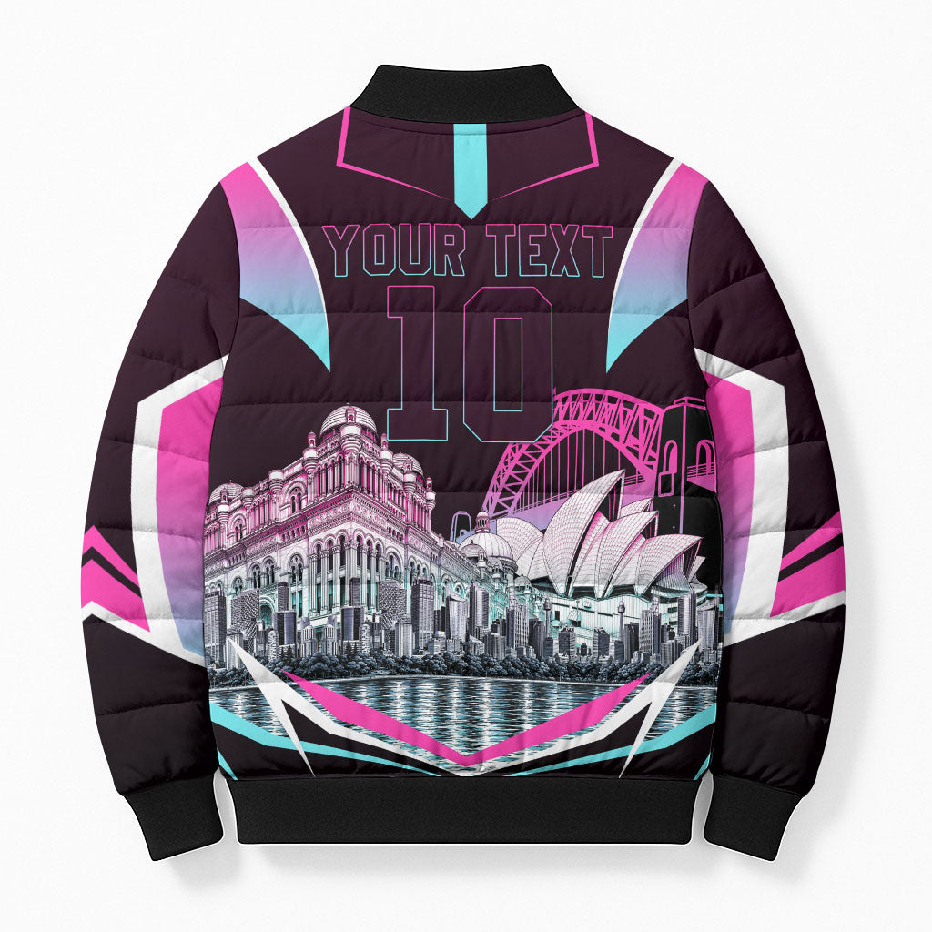 Personalised Sydney Sixers Cricket Mascot Skyline Bomber Puffer Jacket Retro Neon Graphic Fan Art