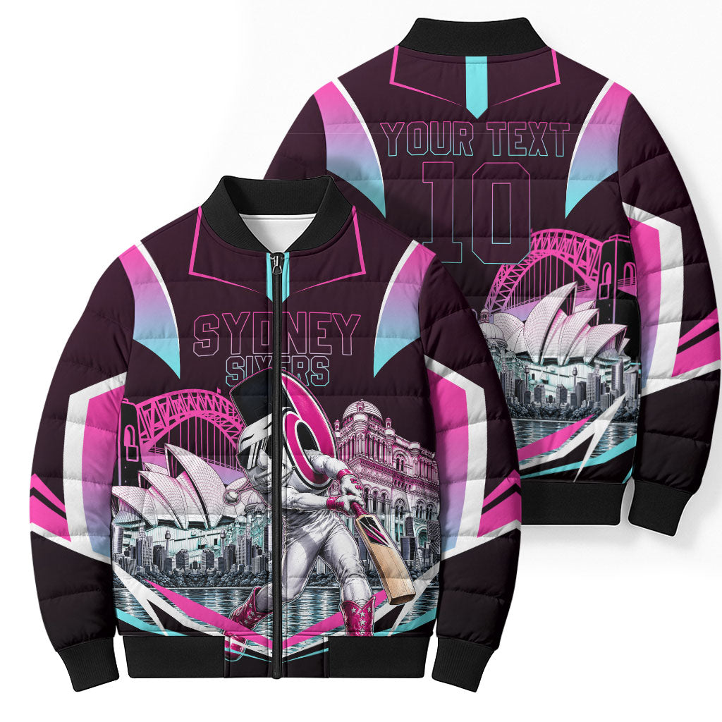 Personalised Sydney Sixers Cricket Mascot Skyline Bomber Puffer Jacket Retro Neon Graphic Fan Art