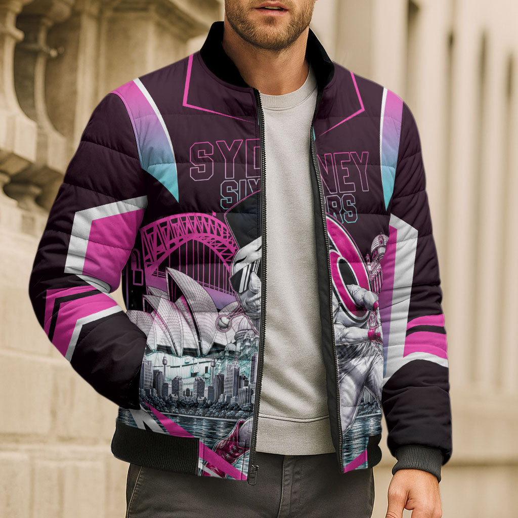 Personalised Sydney Sixers Cricket Mascot Skyline Bomber Puffer Jacket Retro Neon Graphic Fan Art