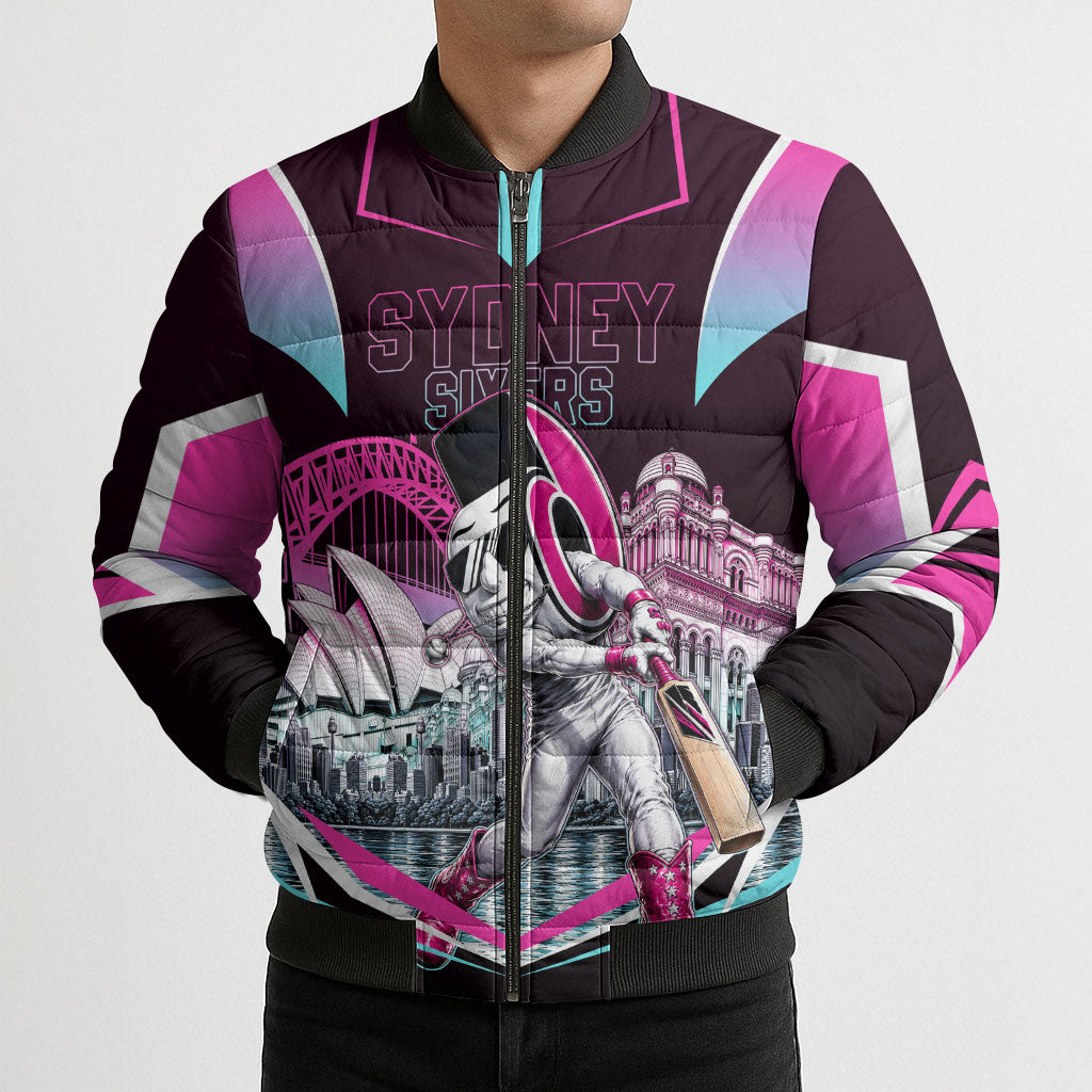 Personalised Sydney Sixers Cricket Mascot Skyline Bomber Puffer Jacket Retro Neon Graphic Fan Art
