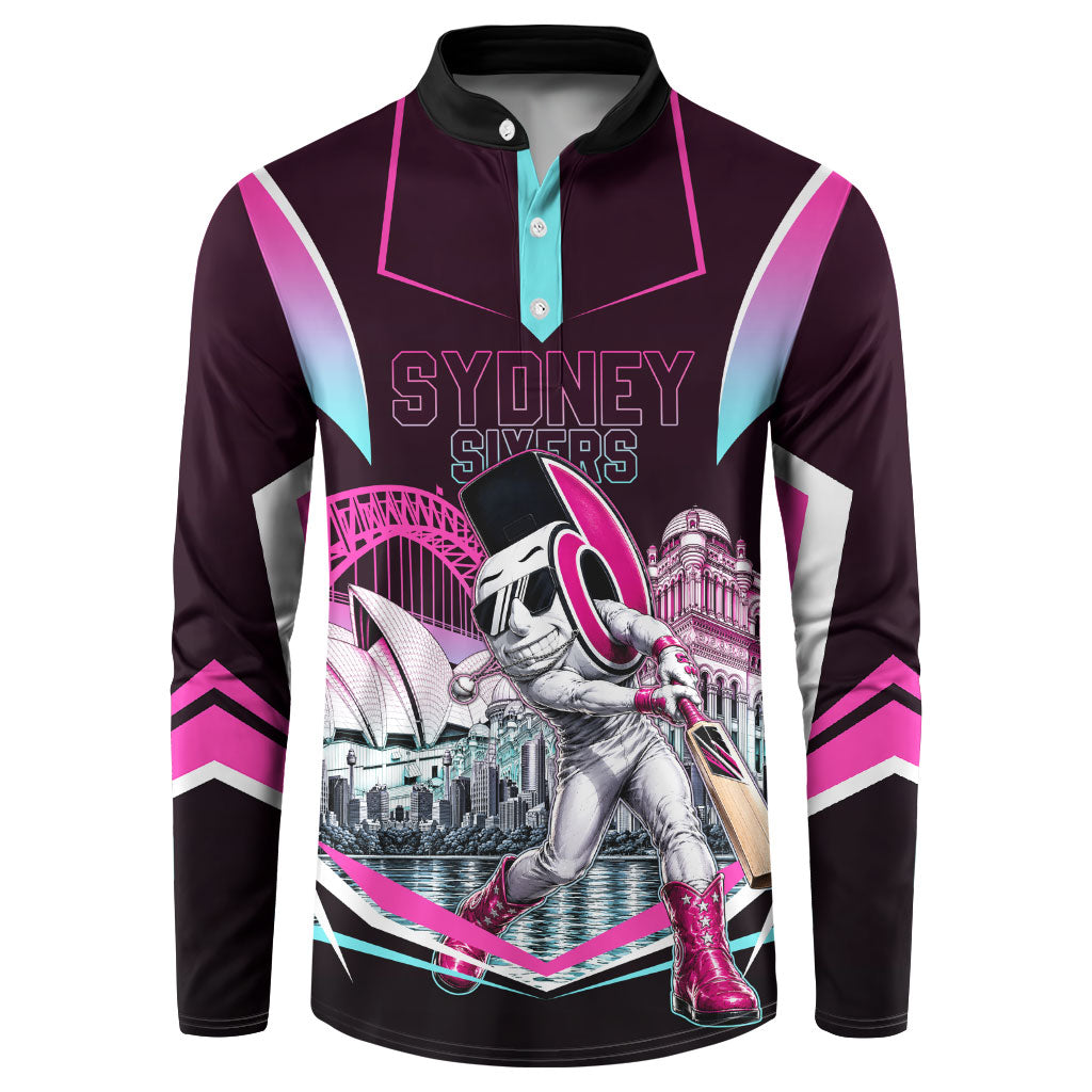 Personalised Sydney Sixers Cricket Mascot Skyline Button Sweatshirt Retro Neon Graphic Fan Art