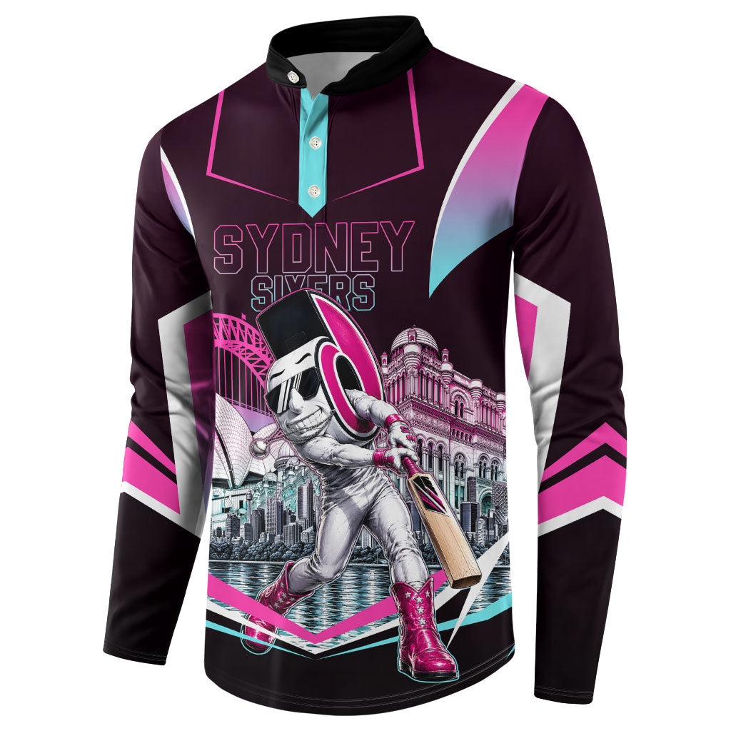 Personalised Sydney Sixers Cricket Mascot Skyline Button Sweatshirt Retro Neon Graphic Fan Art