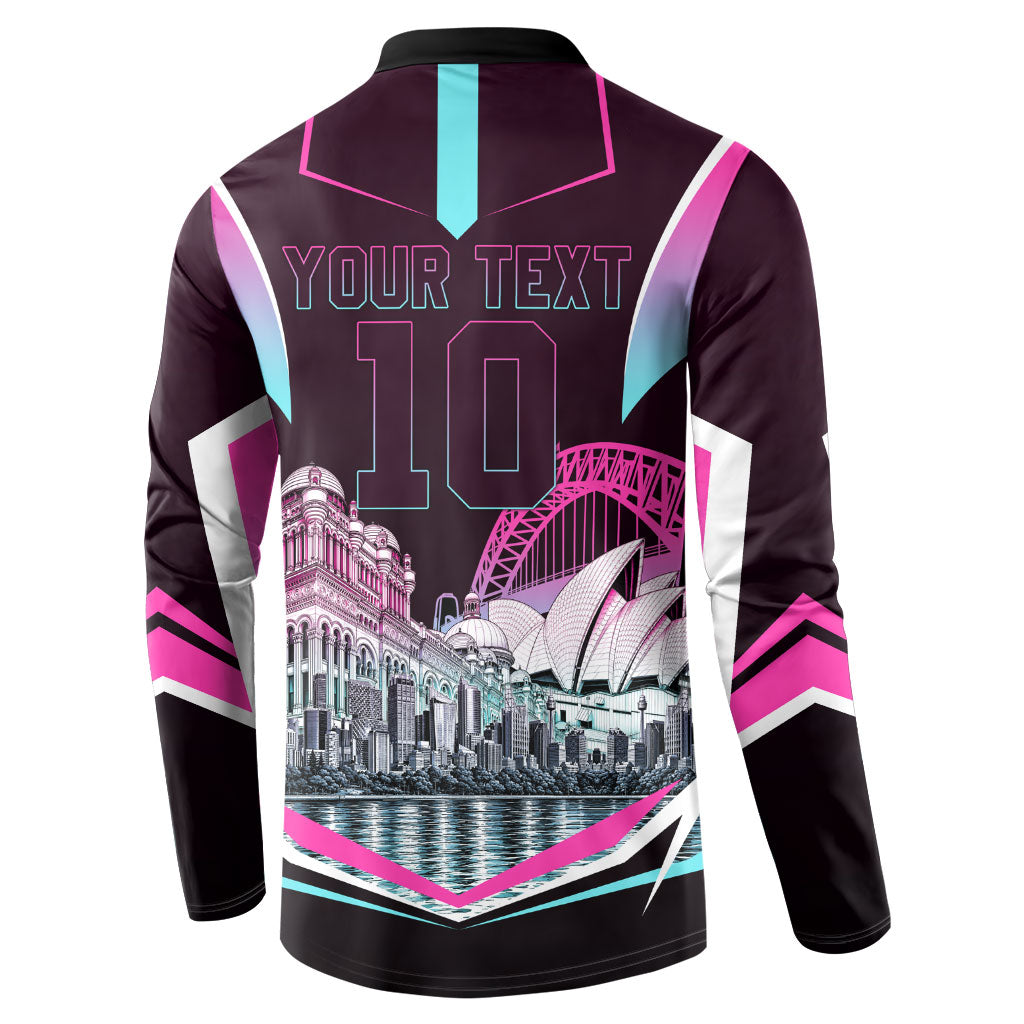 Personalised Sydney Sixers Cricket Mascot Skyline Button Sweatshirt Retro Neon Graphic Fan Art