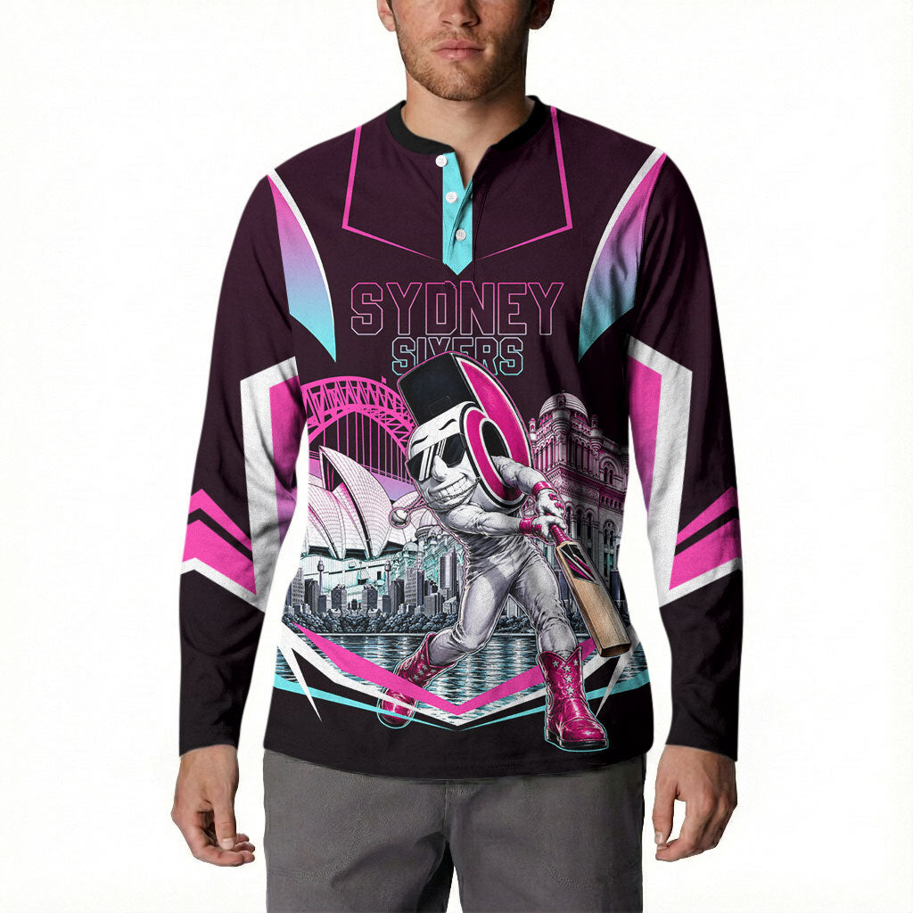 Personalised Sydney Sixers Cricket Mascot Skyline Button Sweatshirt Retro Neon Graphic Fan Art
