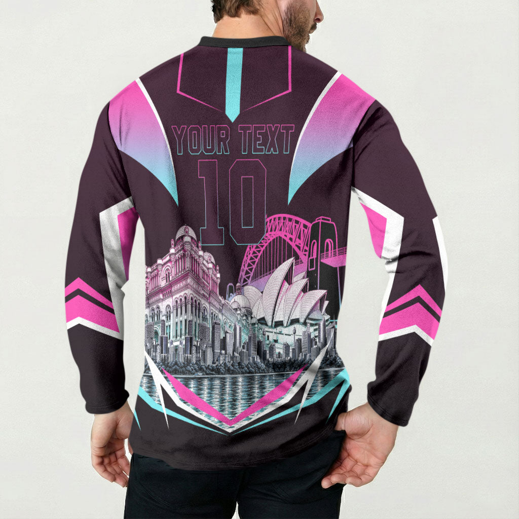 Personalised Sydney Sixers Cricket Mascot Skyline Button Sweatshirt Retro Neon Graphic Fan Art