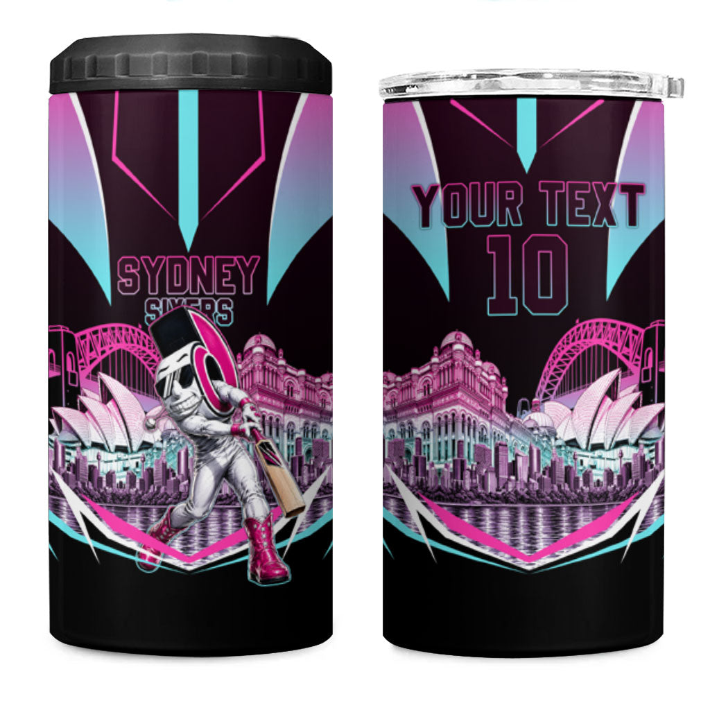 Personalised Sydney Sixers Cricket Mascot Skyline 4 in 1 Can Cooler Tumbler Retro Neon Graphic Fan Art