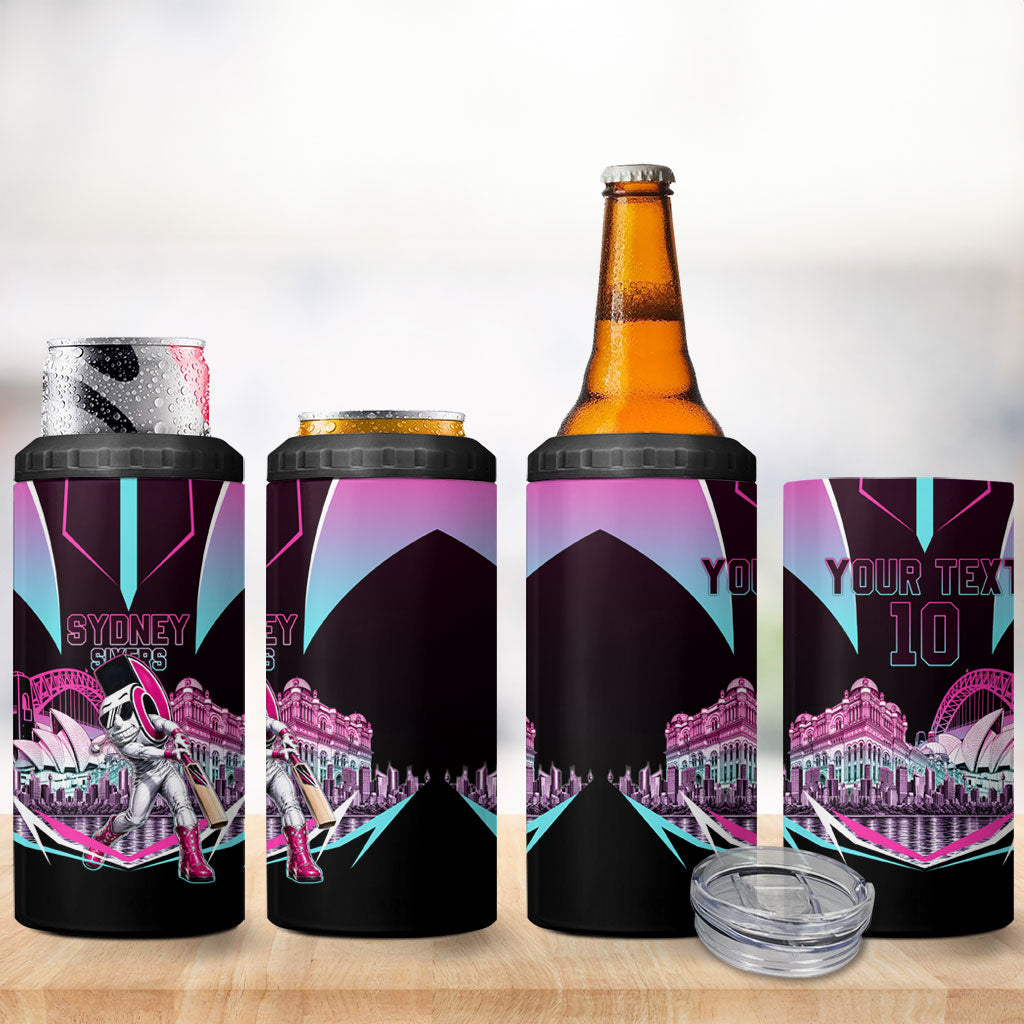 Personalised Sydney Sixers Cricket Mascot Skyline 4 in 1 Can Cooler Tumbler Retro Neon Graphic Fan Art