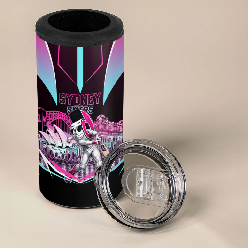 Personalised Sydney Sixers Cricket Mascot Skyline 4 in 1 Can Cooler Tumbler Retro Neon Graphic Fan Art