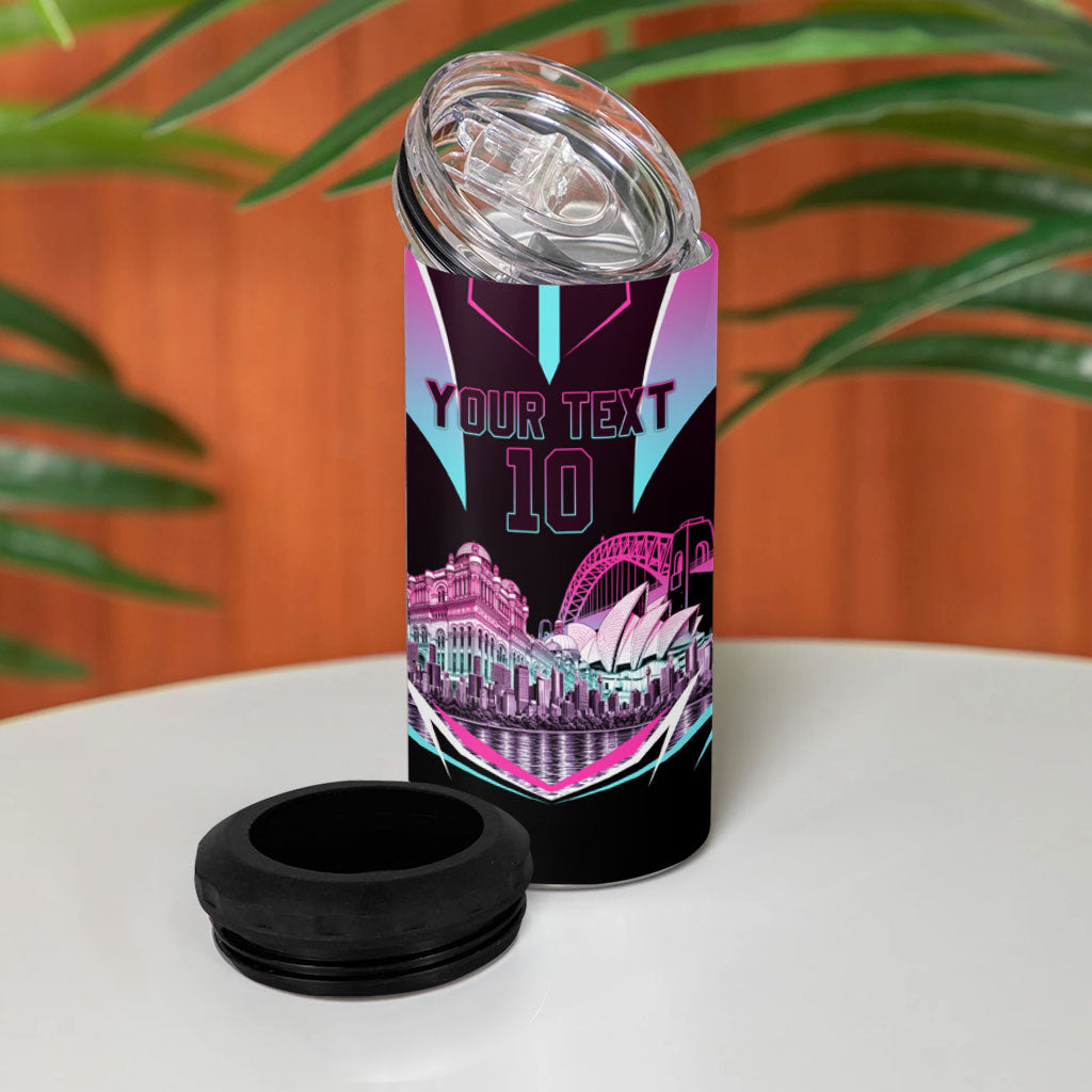 Personalised Sydney Sixers Cricket Mascot Skyline 4 in 1 Can Cooler Tumbler Retro Neon Graphic Fan Art