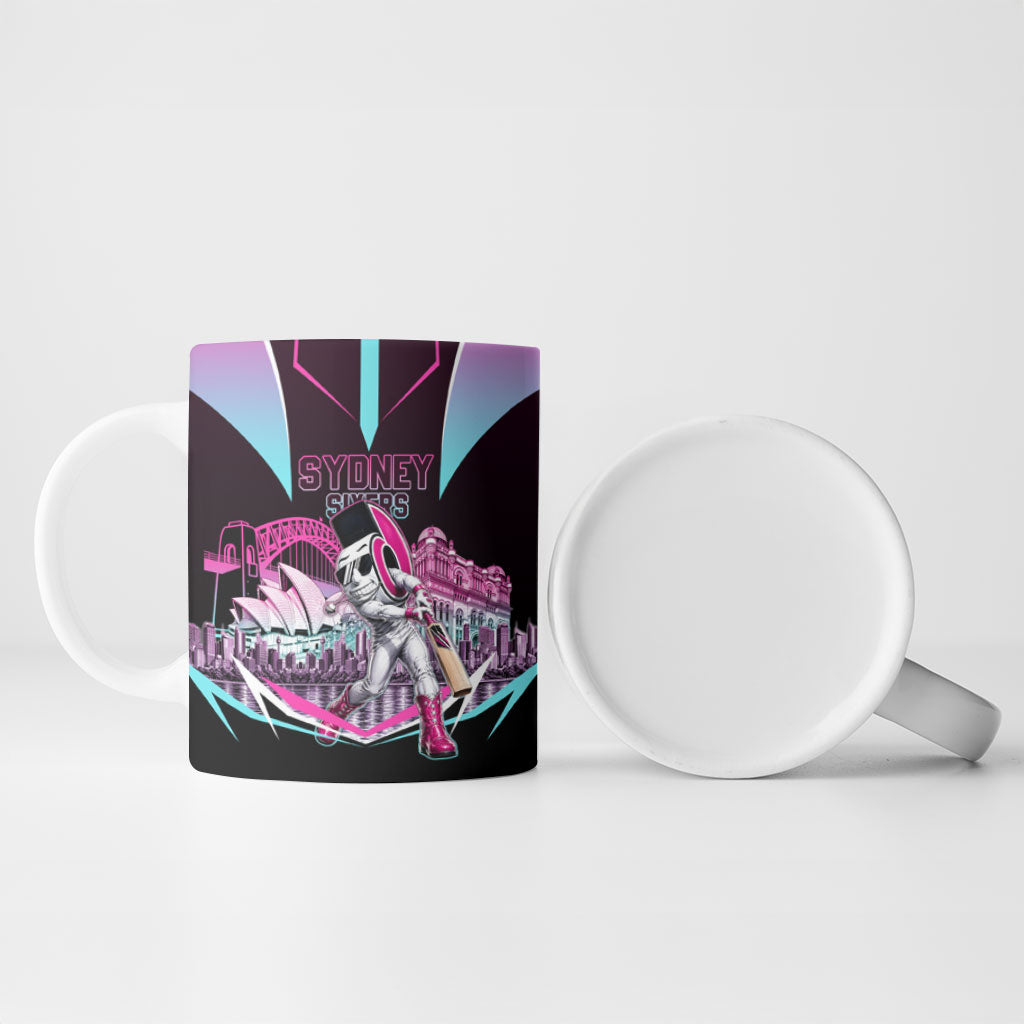 Personalised Sydney Sixers Cricket Mascot Skyline Ceramic Mug Retro Neon Graphic Fan Art