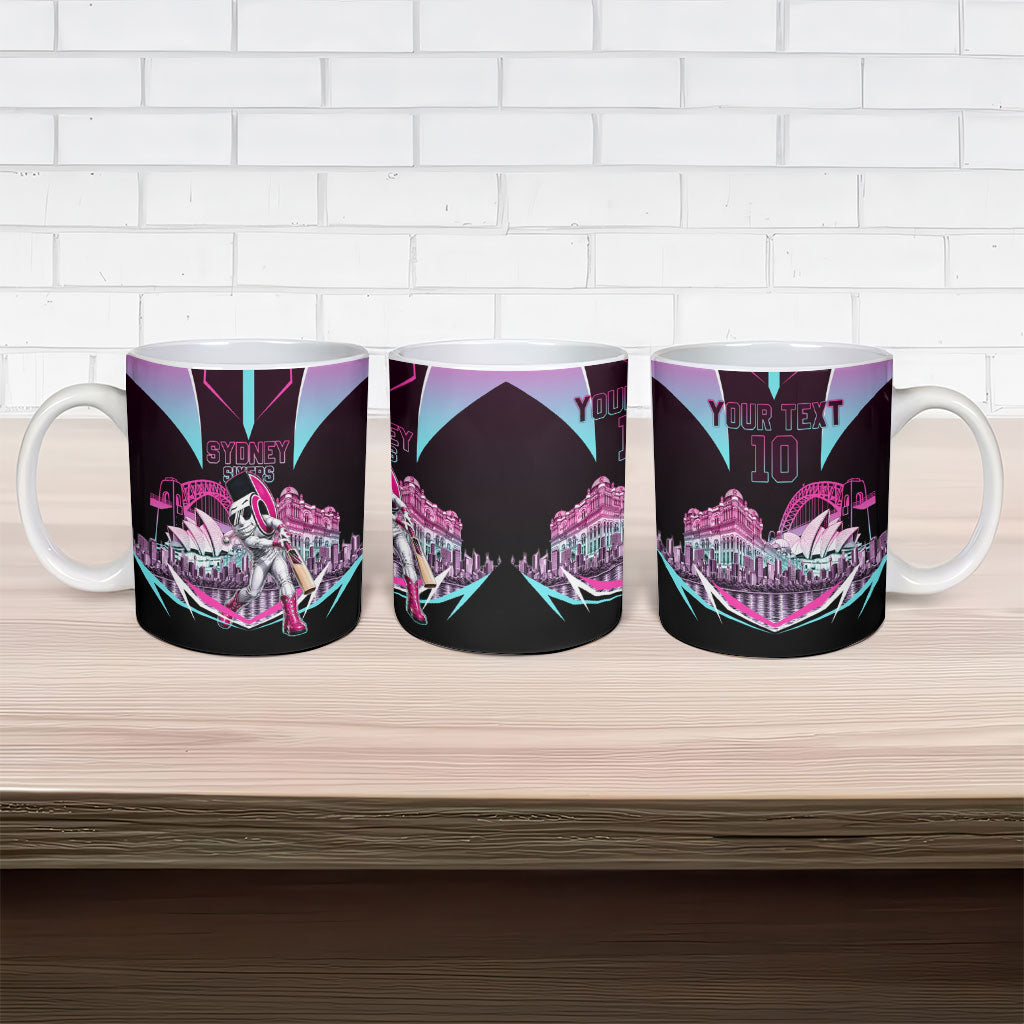 Personalised Sydney Sixers Cricket Mascot Skyline Ceramic Mug Retro Neon Graphic Fan Art