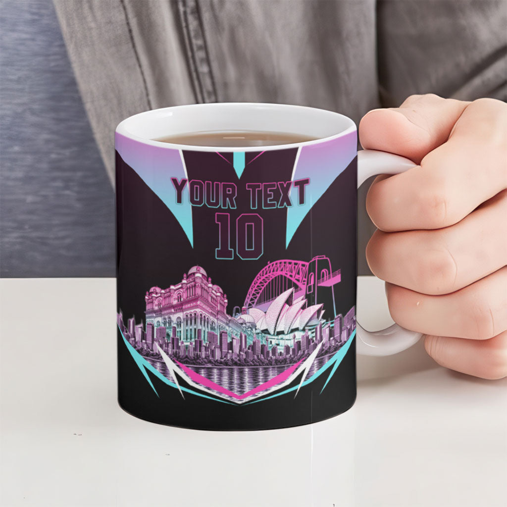 Personalised Sydney Sixers Cricket Mascot Skyline Ceramic Mug Retro Neon Graphic Fan Art