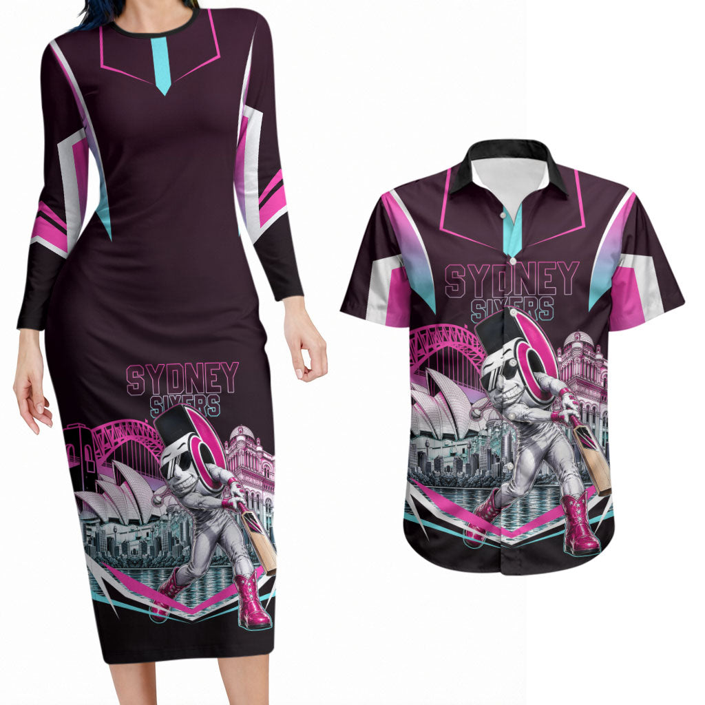 Personalised Sydney Sixers Cricket Mascot Skyline Couples Matching Long Sleeve Bodycon Dress and Hawaiian Shirt Retro Neon Graphic Fan Art