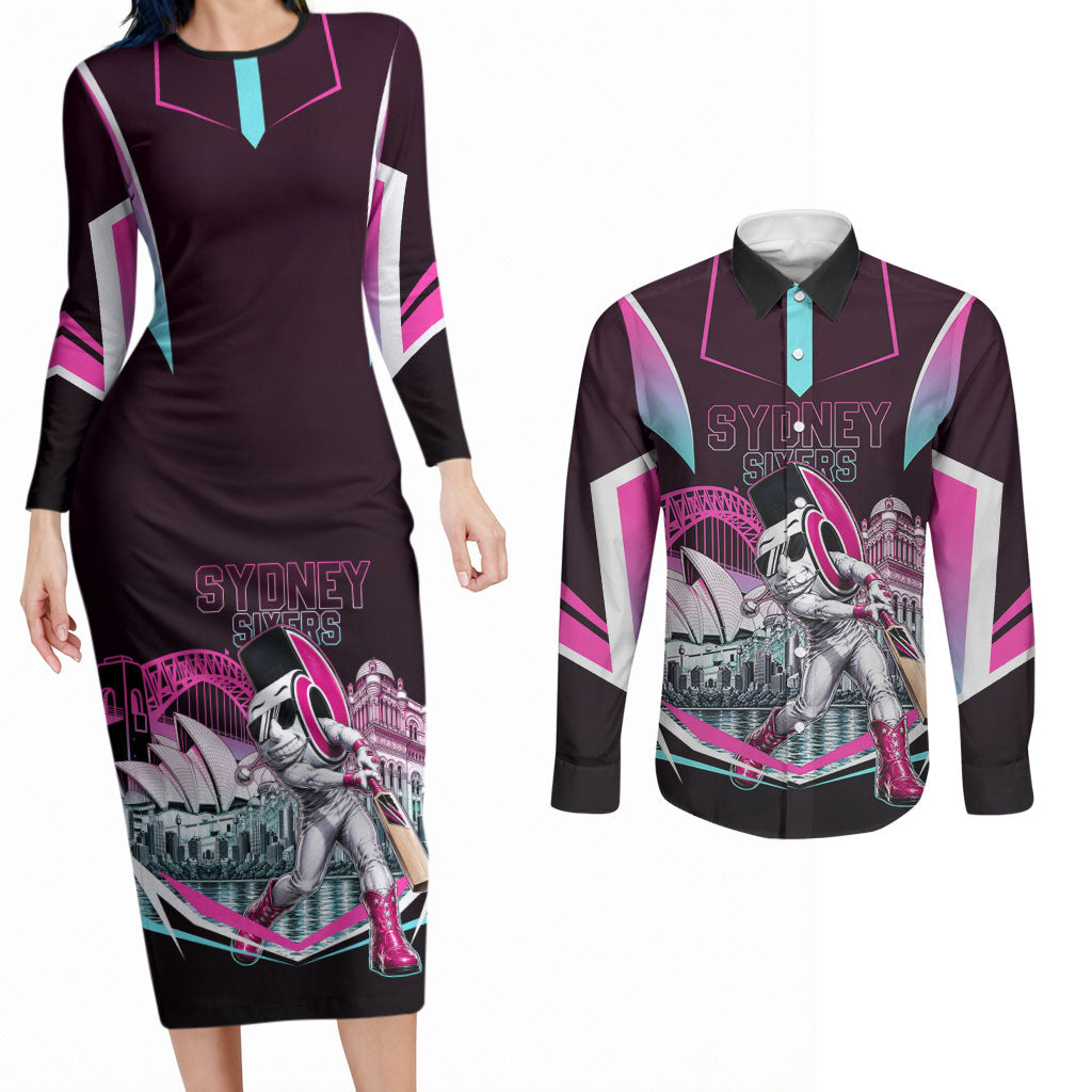 Personalised Sydney Sixers Cricket Mascot Skyline Couples Matching Long Sleeve Bodycon Dress and Long Sleeve Button Shirt Retro Neon Graphic Fan Art